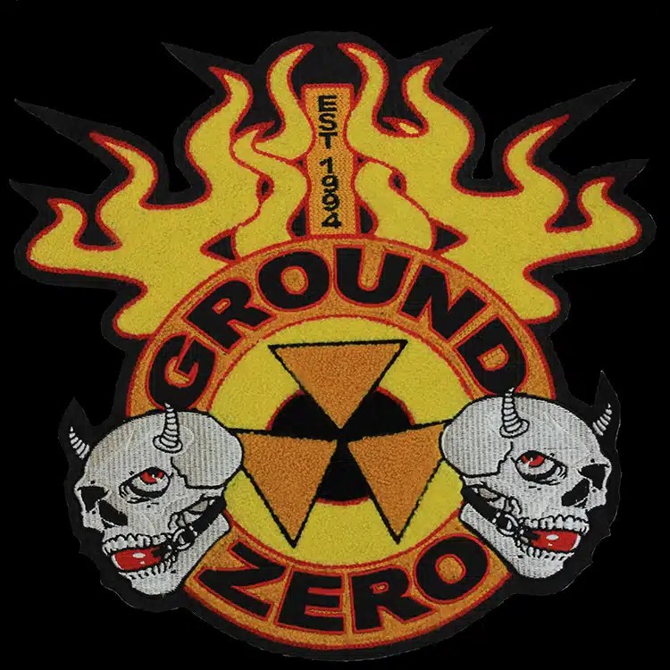 Ground Zero chenille patch with flames, skulls and a radiation symbol, est. 1994, an example of the hand work behind a Patchworks USA order.