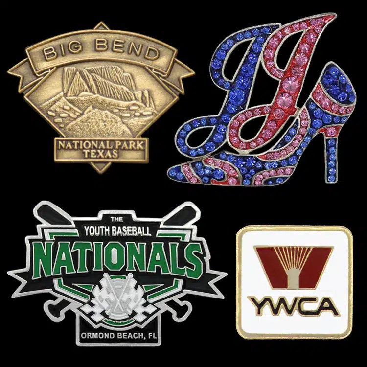 Category tile of lapel pins: a Big Bend National Park brass pin, a rhinestone high heel pin, a Youth Baseball Nationals soft enamel pin and a YWCA pin