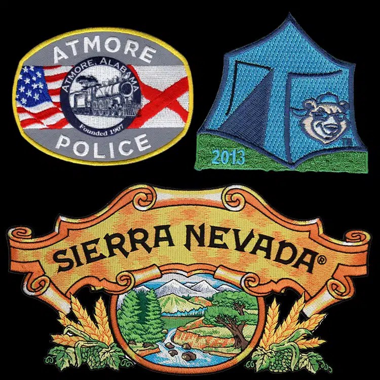 Category tile of embroidered patches: an Atmore Police shield, a blue tent camp patch and a large Sierra Nevada mountain scene emblem