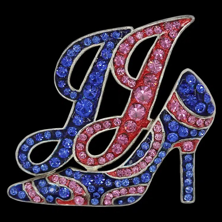 A high heel design in pink, blue and clear rhinestones, a StudStone heat transfer