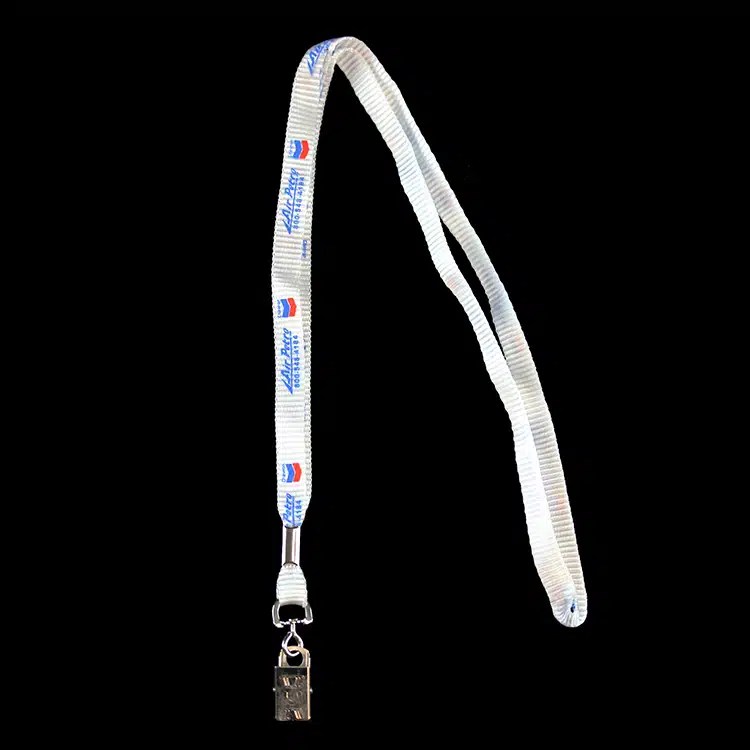 White polyester lanyard printed with a repeating logo pattern and finished with a bulldog clip.