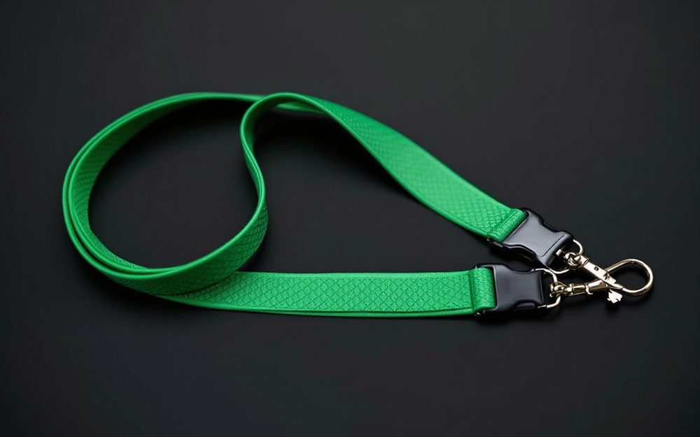 Green moulded PVC lanyard with a soft rubber finish and textured pattern, finished with a black buckle and silver clip.