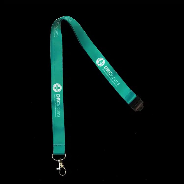 Teal polyester lanyard printed in white, finished with a lobster claw clip.