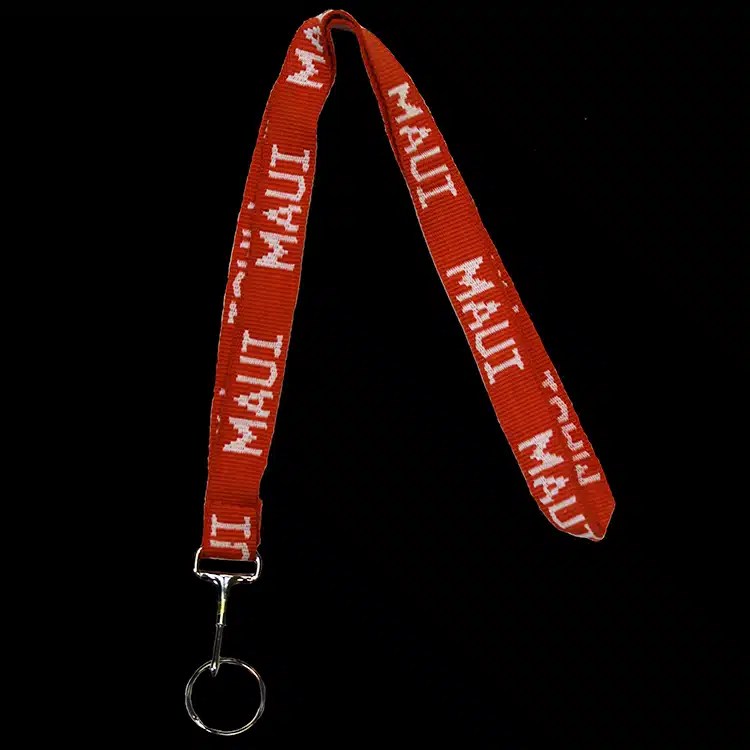 Red woven lanyard with a white woven word repeating along its length, finished with a clip and a split ring.