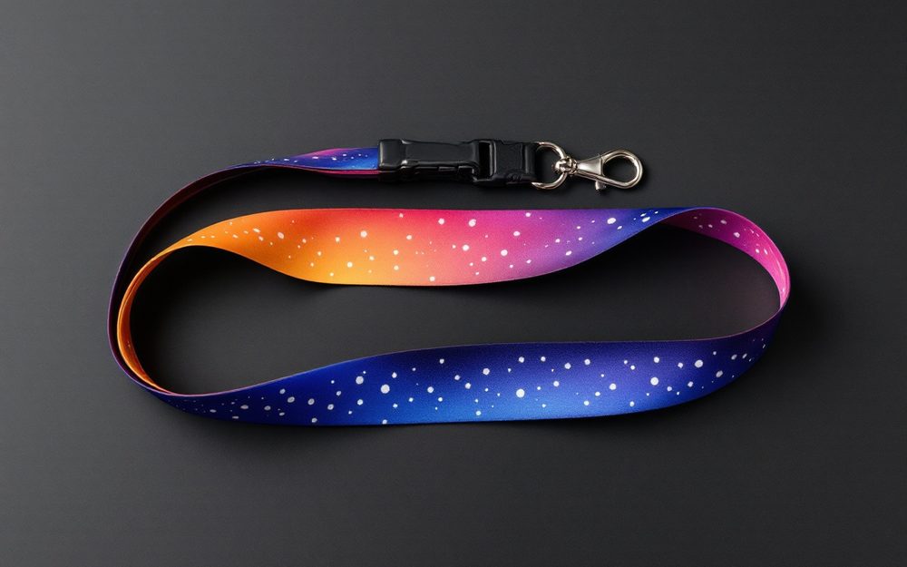 Dye-sublimated lanyard printed edge to edge in an orange to purple to blue gradient, with a black buckle release and silver clip.