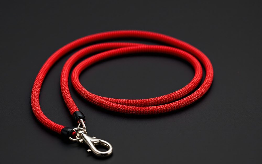 Red tubular lanyard cord with a round woven profile, finished with a silver lobster claw clip.