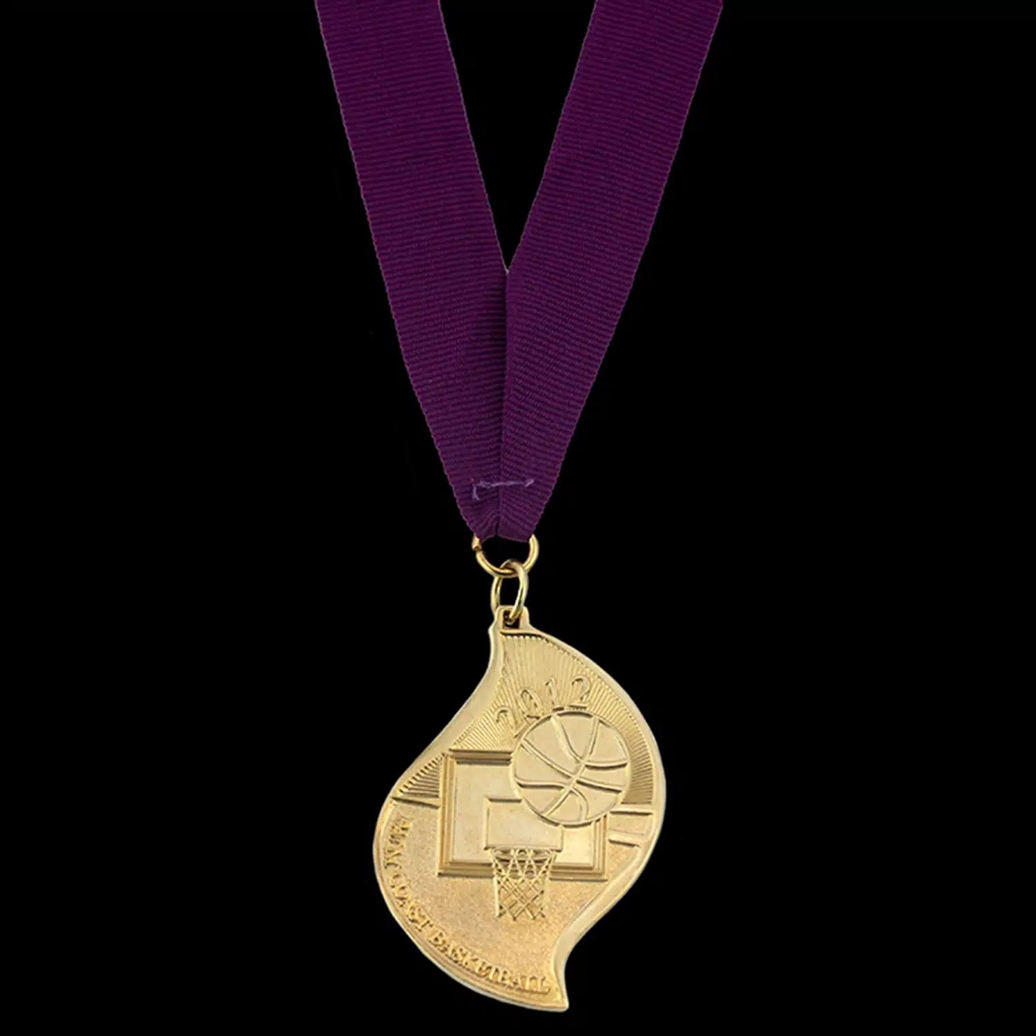 Gold die cast medal in a wave shape with a basketball and hoop in relief, on a purple neck ribbon.
