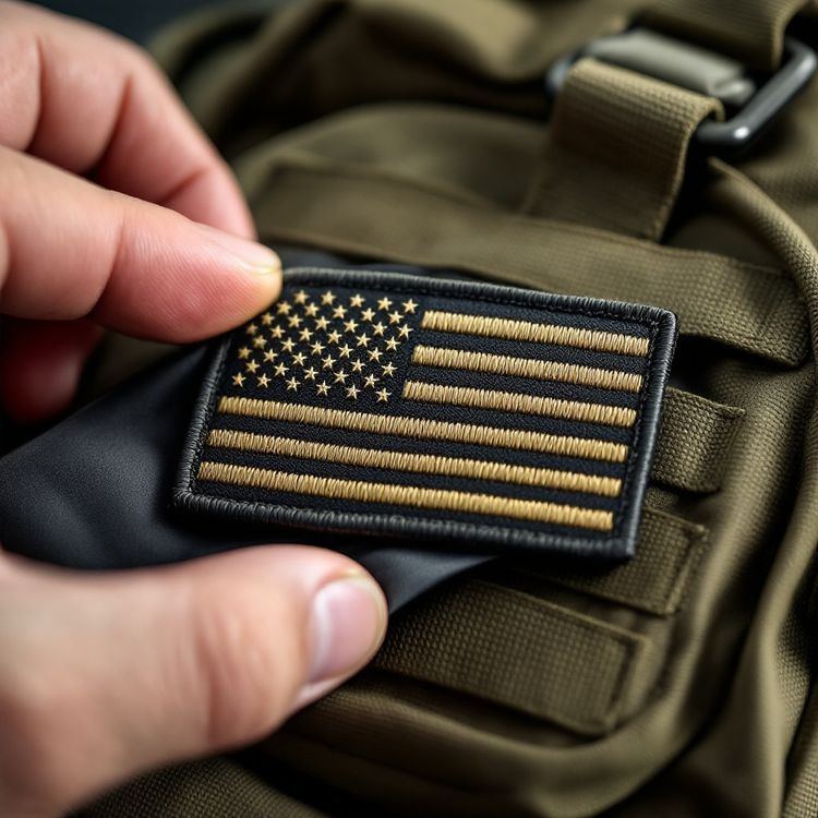 Black and tan embroidered American flag patch being lifted off the hook-and-loop panel of an olive tactical pack.