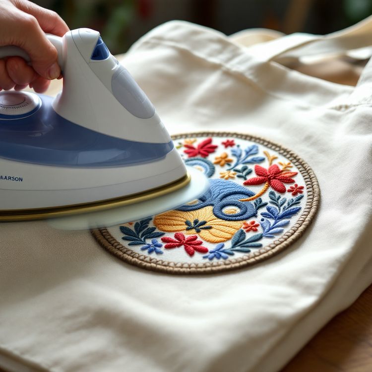 A clothes iron pressing a round floral embroidered patch onto a cream canvas tote bag.
