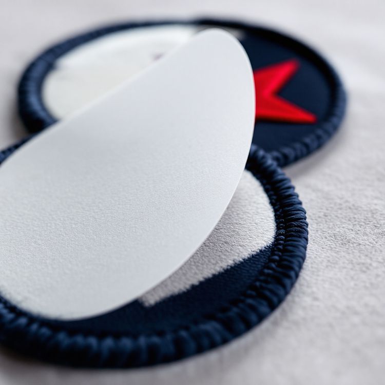 Round embroidered patch shown from the back with a rigid white plastic backing, beside the front.