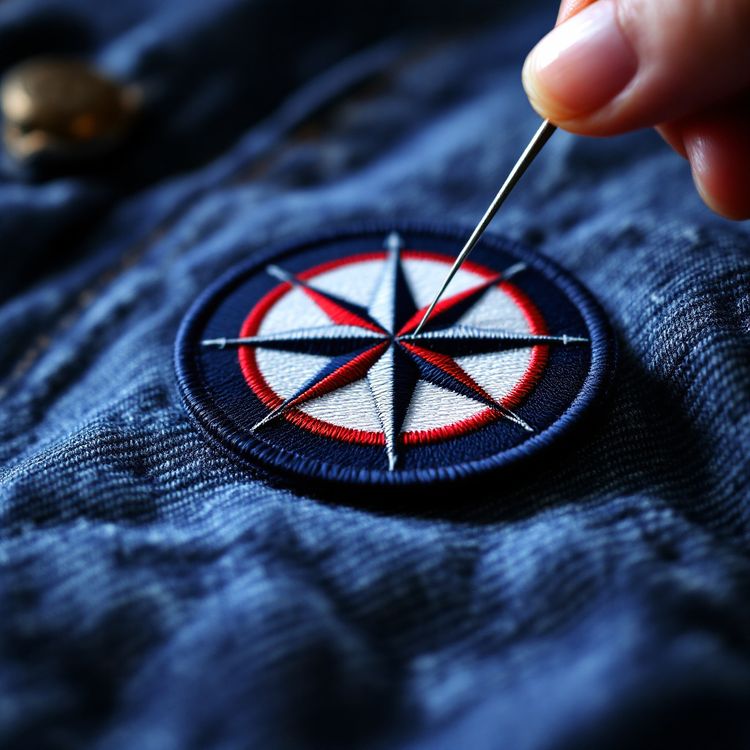 Embroidered patch with a compass rose emblem being hand sewn onto a denim jacket.