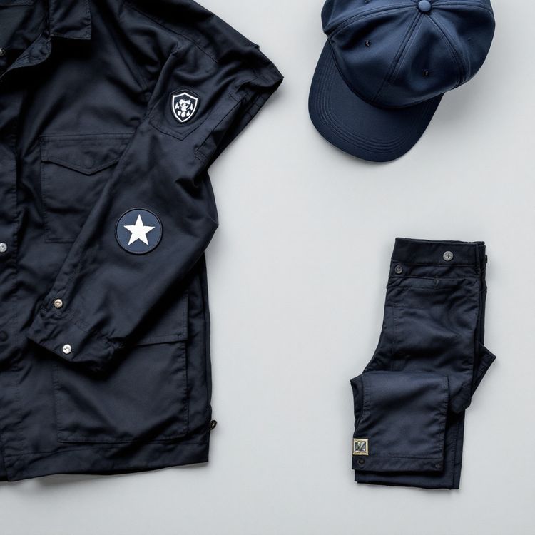 Navy work jacket laid flat with a shield patch on the upper sleeve and a round star patch lower down, beside a plain navy cap and folded trousers.