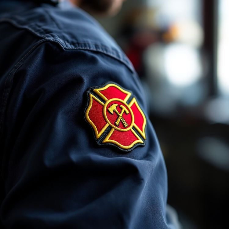 Red and gold Maltese cross patch with an axe and ladder emblem on a navy work shirt sleeve.