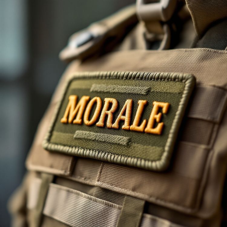 Olive and tan morale patch on a coyote brown plate carrier.