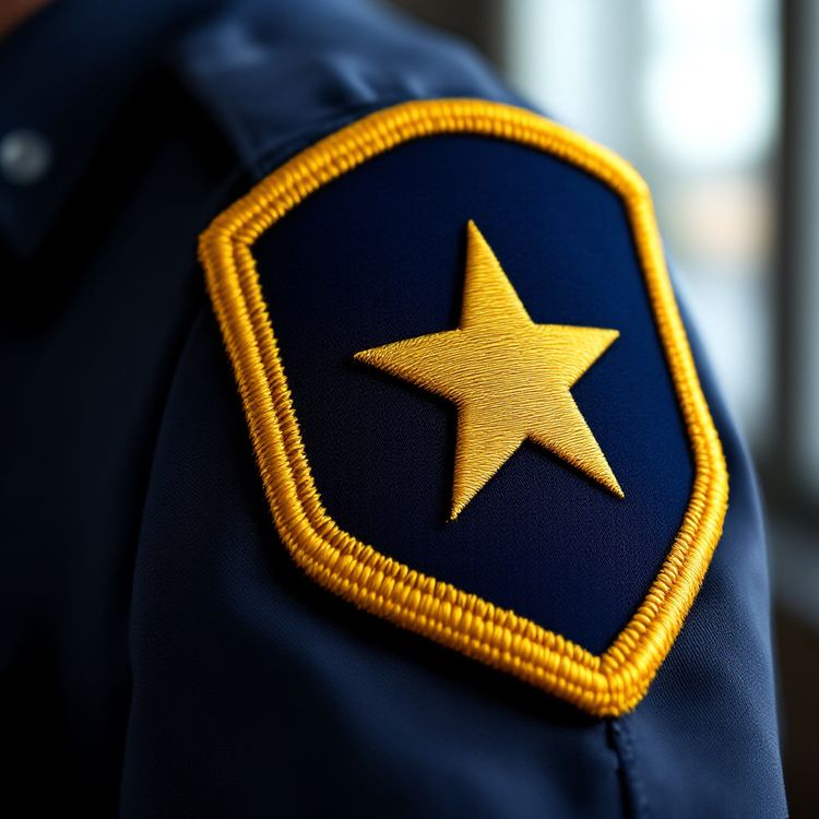 Shield-shaped navy shoulder patch with a gold star and gold border on a uniform sleeve.